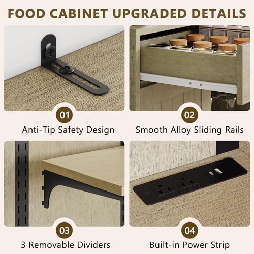 Einhomn 71" Kitchen Pantry Cabinet with UL Charging Station, 3 Adjustable Shelves, App-Dimmable LED Light, Wine Rack, Farmhouse Style, Buffet Cabinet for Kitchen/Dining/Living, Natural Wood