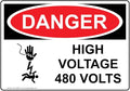 ComplianceSigns.com DANGER High Voltage 480 Volts OSHA Safety Label Decal, 5x3.5 in. 4-Pack Vinyl for Electrical, Made in USA