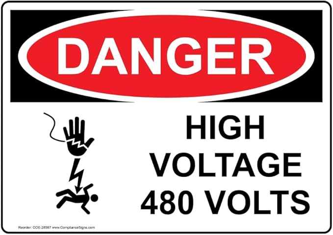 ComplianceSigns.com DANGER High Voltage 480 Volts OSHA Safety Label Decal, 5x3.5 in. 4-Pack Vinyl for Electrical, Made in USA