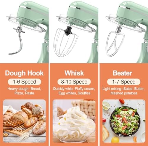 CEBORY 3-IN-1 Electric Stand Mixer, 6.5QT Bowl 660W 10-Speed Kitchen Mixer, Household Food Mixers include Dough Hook, Beater and Whisk, Bread Cake Mixer for Baking and Most Home Cooks, Agave Green