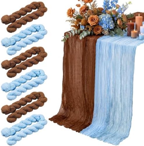 6 Pcs 118" Blue and Brown Cheesecloth Table Runner