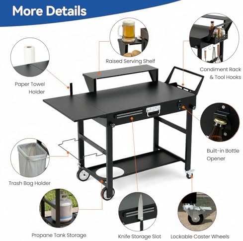 Grill Cart for Blackstone 17 and 22 Inch Griddle – 31.5" Tall Outdoor Griddle Table with Wheels, BBQ Prep Station with Side Shelf, Bar Top Shelf and Lower Storage, Foldable, Pizza Oven Compatible