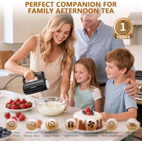 BAIGELONG Hand Electric Mixer, 5-Speed KitchenMixer with 5 * 304 Stainless Steel Attachments + Storage Base, 200W Portable Food Handheld Mixer for Baking, Whipping Cream, Cake Mixing, Gray/Black