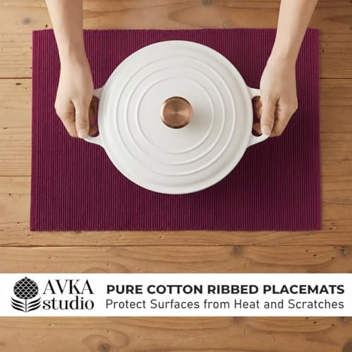 100% Cotton Ribbed Placemats - Set of 6-13 x 19 Inches - Wine - Everyday/Thanksgiving/Fall Cloth Table Mats - Thick Construction, Washable & Reusable Cloth Place Mats - by AVKA Studio