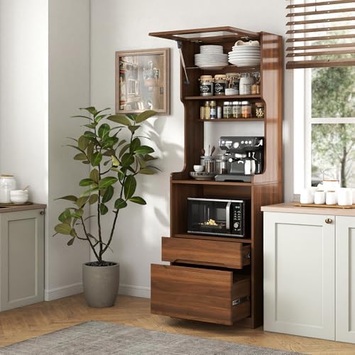 KEIKI 70.87" Tall Kitchen Pantry Storage Cabinet with Countertop, Glass Doors, Drawers, Microwave Stand and Shelves, Freestanding Wood Hutch Food Pantries Buffet Cupboard for Coffee Bar, Dining Room