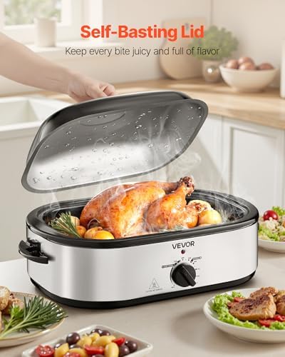 VEVOR Roaster Oven, 14QT Fast-Cooking Turkey Roaster, 150-450℉ Adjustable Temperature Electric Roasting Pan with Self-Basting Lid, Roasting Lift-Out Rack, Defrost & Warm Function, Fits 18lb Turkey