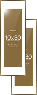 Homeforia 10x30 Picture Frame Bronze, High End Metal 10by30 Brass Poster Frames with Mat 8x24 Photo, 10 x 30 Panoramic Frames Matted to 8 by 24 Print, 30by10 Frames, Tempered Glass, Wall Kit, Set of 2
