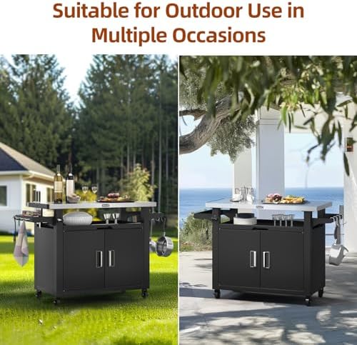 NUUK Outdoor Grill Cart with Storage Cabinet Metal Kitchen Island Prep Table with Movable Universal Wheels and Stainless Steel Top for Outside BBQ Backyard Include Hooks Spice Rack