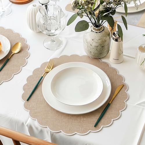 Set of 6 Linen Boho Cotton Placemats 15" Round Scalloped White