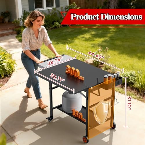 Grill Table for Ooni Pizza Oven, Ninja Pizza Oven Table with Extendable Desk - Fit Gozney, Solo Stove, Durable Outdoor Grill Cart Stand with Food Prep Topping Station for Backyard