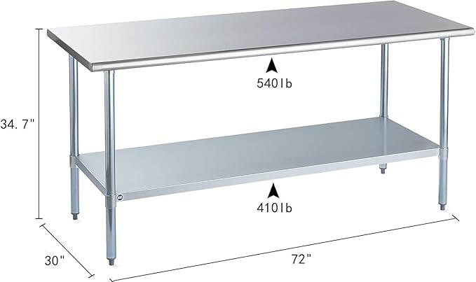ROCKPOINT Stainless Steel Table for Prep & Work 30x72 Inches, NSF Metal Commercial Kitchen Heavy Duty Table with Adjustable Under Shelf and Table Foot for Restaurant, Home and Hotel, Silver
