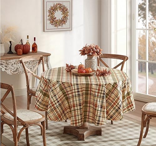 Newbridge Thanksgiving Diagonal Plaid 70 Inch Round Vinyl Fall Tablecloth