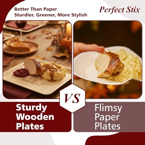 Perfect Stix Thanksgiving Plates and Napkins Set – 25 Large 10-Inch & 25 Small 7-Inch Eco-Friendly Wooden Plates with 50 Burgundy 2-Ply Dinner Napkins –Thanksgiving & Friendsgiving Gatherings
