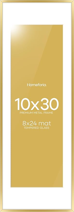 Homeforia 10x30 Picture Frame Gold, High End Metal 10x30 Poster Frames with Mat 8x24 inch Photo, 10 x 30 Gold Frames Matted to 8 by 24 Print, 30x10 Panoramic Frames, Tempered Glass, Wall Kit, Set of 1