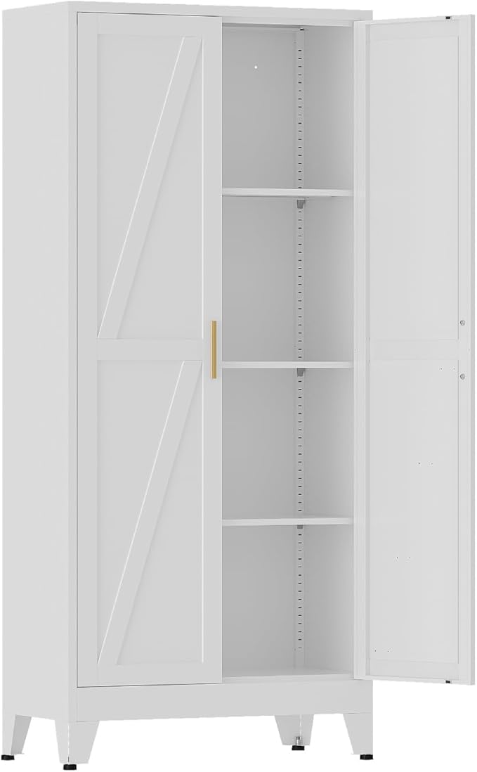 COFaR Metal Storage Cabinet, 61 in Tall Metal Cabinet with 3 Adjustable Shelves and Barn Doors, Farmhouse Cupboard Storage for Kitchen Pantry Garage Laundry, 4-Tier White