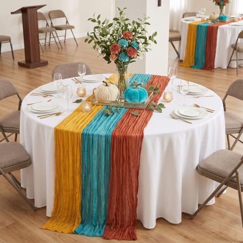 6 Pcs Fall Terracotta and Teal Cheesecloth Table Runner 118"