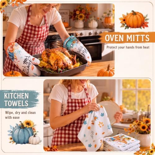 11 Pcs Fall Pumpkin Kitchen Decor Set, Blue Orange and White Rugs Towels
