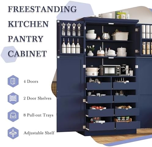 Merax 35.5x17.6x70.9 inches Freestanding Kitchen Pantry Cabinet, Tall Storage Cabinet with 4 Doors, 2 Door Shelves, 8 Pull-Out Trays and Adjustable Shelf for Dining Room, Blue