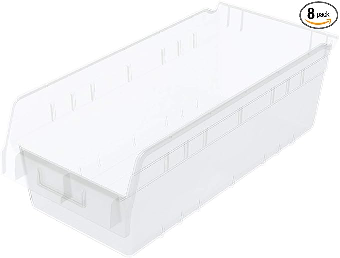 Akro-Mils 30088 Plastic Nesting ShelfMax Storage Bin Box, (18-Inch x 8-Inch x 6-Inch), Clear, (8-Pack)