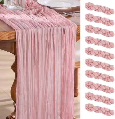 Goodluck 10 Pack 10Ft Dusty Pink Cheesecloth Table Runner 35x120 Inch Boho Gauze Table Runner Cheese Cloth Extra Long Romantic Table Runners for Wedding Bridal Shower Birthday Party Table Decor