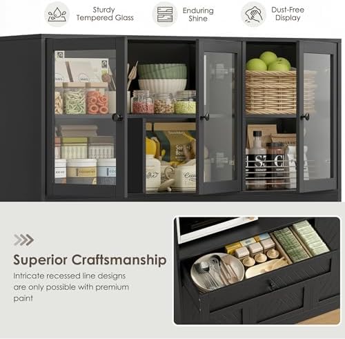 BOTLOG 72” Tall Kitchen Pantry Storage Cabinet, Modern White Kitchen Hutch with Large Storage Drawer, Countertop, Adjustable Shelves, Food Pantry Cabinets for Dining Room, Living Room (Black)