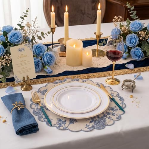 Set of 12 Blue Floral Cotton Placemats 15" Round Scalloped Navy Blue