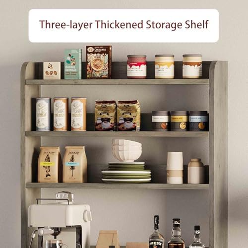 IDEALHOUSE Bakers Rack with Storage Cabinet, Microwave Stand with Power Outlets, Farmhouse Bakers Rack with Thick Table Top, Small Kitchen Pantry for Kitchen,Dining Room,Retro Gray