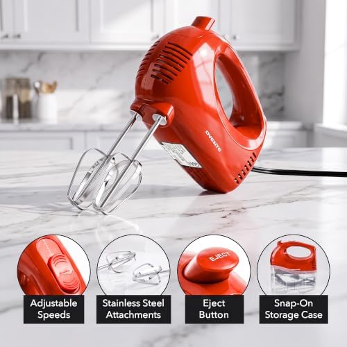 OVENTE 5-Speed Electric Hand Mixer with Storage Case, Red HM151R