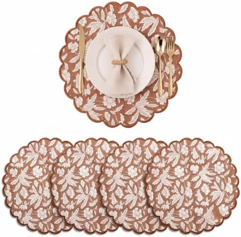 Ridhi Floral Block Print Round Placemats 15 Inch, Set of 4, Oak Brown