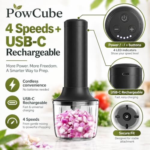 Cordless Hand Mixer, 4-in-1 Handheld Electric Mixer with Electric Whisk Frother & 10 oz Mini Food Chopper, USB-C Rechargeable 4-Speed Hand Mixer for Eggs, Cream, Coffee & Small-Batch Prep