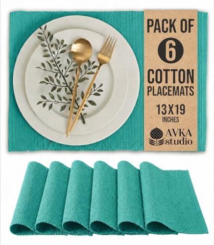 100% Cotton Ribbed Placemats - Set of 6-13 x 19 Inches - Turquoise Blue - Everyday Cloth Table Mats - Thick Construction, Washable Reusable Cloth Place Mats - by AVKA Studio
