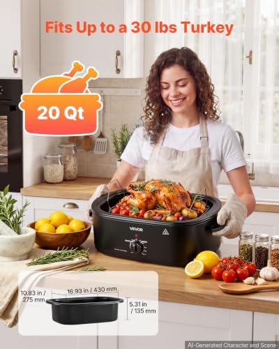 VEVOR Electric Roaster Oven, 20 Qt, Turkey Roasting Pan, Black, Viewing Lid