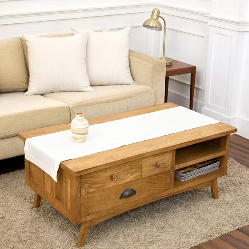 Solino Home Cotton Linen Table Runner White Hemstitch, 14 x 48 in