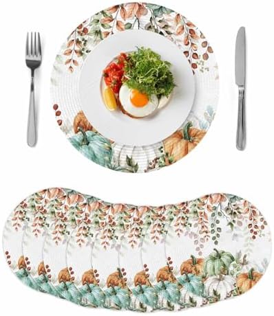 Fall Round Placemats Set of 8 Thanksgiving Autumn Eucalyptus Leaf Place Mats Woven Placemat Sage Green Maple Leaves Pumpkin Circle Braided Table Mat for Kitchen Holiday Party Fall Decor 15 Inch
