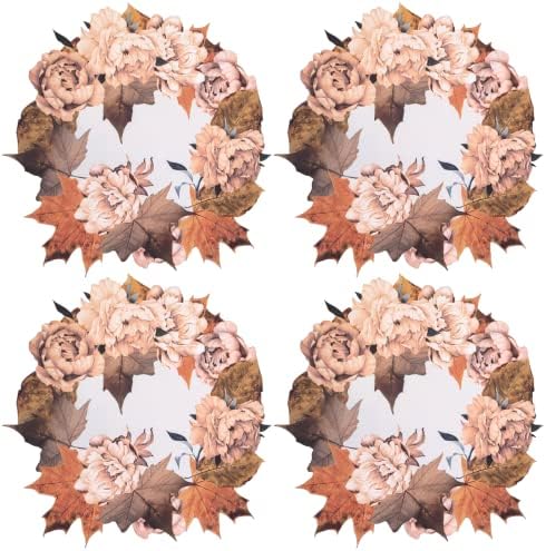 Maison Charlo - Set of 4 Waterproof Placemats Thanksgiving Maple Flower Wreath - Dining Table Decor, Home Decor - Washable Heat Resistant for Parties, Kitchen Table - Brown