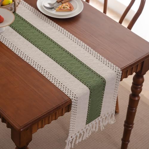 Niviy Dark Green Table Runner 72 Inches Long with Tassels, Seasonal Spring Summer Washable Embroidered Striped Braided Boho Table Runners for Holiday Party 12 x 72 Inches