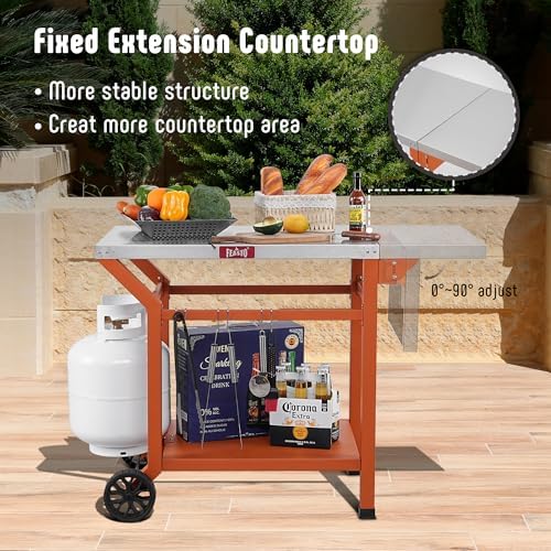 Feasto 43" Lx20 W Grill Table with Folding Side Table & Undershelf, Orange