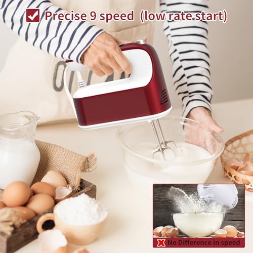 Yomelo 9-Speed Digital Hand Mixer Electric, 400W Powerful DC Motor, Hand Mixer Electric Handheld with Snap-On Storage Case, 5 Stainless Steel Accessories, Beaters, Dough Hooks, Whisk(Red/White)