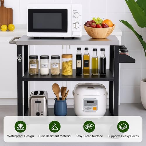 KEIKI 3-Tier Outdoor Grill Cart Table with 2 Wheels, Seasoning Tray, Movable BBQ Cooking Prep Table, Pizza Oven Table, Serving Bar Cart for Backyard, Indoor, Outside, Kitchen Room, Stainless Steel