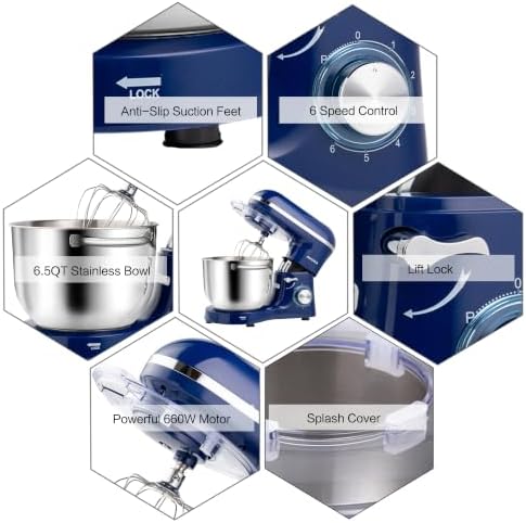 Aucma Stand Mixer,6.5-QT 660W 6-Speed Tilt-Head Food Mixer, Kitchen Electric Mixer with Dough Hook, Wire Whip & Beater (Royal Blue, 6.5QT)