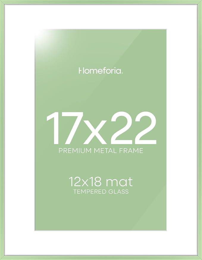 Homeforia 17x22 Picture Frame Sage Green, High End Metal 17x22 Poster Frames with Mat 12x18 Photo, 17 x 22 Sage Green Frame Matted to 12 by 18 Art, 22x17 Thin Frame, Tempered Glass, Wall Kit, Set of 1