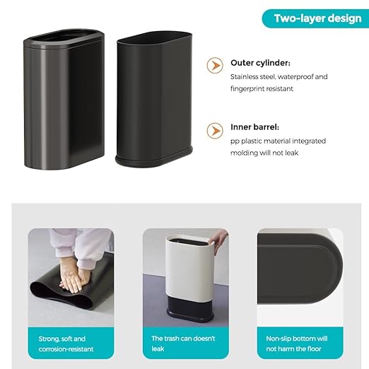 9 Liter Small Bathroom Trash Can No Lid - Open Top Stainless Steel Bathroom Trash Can 2.4 Gallon, Slim Silver Trashcans for Bedroom, Office, Desk, Kitchen with Removable Bin (9L Black)