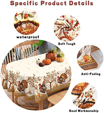 Fall Thanksgiving Double Border Decoration Tablecloth, Turkey & Pumpkin Harvest Tablecloths, Waterproof Table Cover for Dinner Kitchen Party Holiday Decorations Oval 60 x 84 Inch