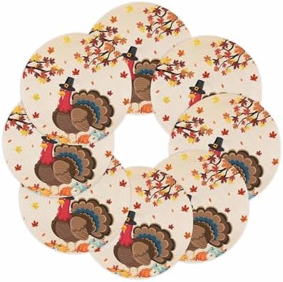 Fall Round Placemats Set of 8 Thanksgiving Harvest Pumpkin Turkey Place Mats Washable Woven Placemat Orange Maple Leaves Circle Braided Table Mat for Kitchen Dining Holiday Party Fall Decor 15 Inch