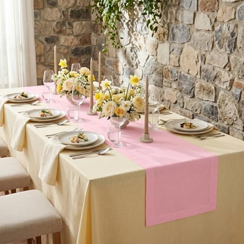 Solino Home 100% Pure Linen Table Runner Pink Lemonade, Fete 14 x 120 in