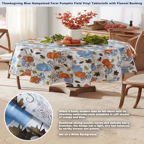 Newbridge Thanksgiving Blue Pumpkin 60 x 84 Inch Oval Vinyl Tablecloth
