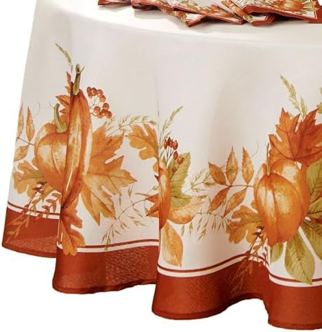 Threadmade Autumn Pumpkin Grove Fall Round Tablecloth, Multicolor - 70" W x 70" L Round