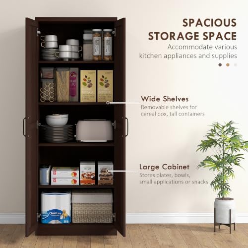 HOMCOM 63" Kitchen Pantry Cabinet with Doors and Adjustable Shelves, Cherry