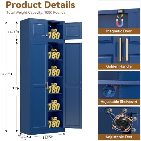 Polup 86" Tall Metal Kitchen Pantry Storage Cabinet with Doors and Shelves
