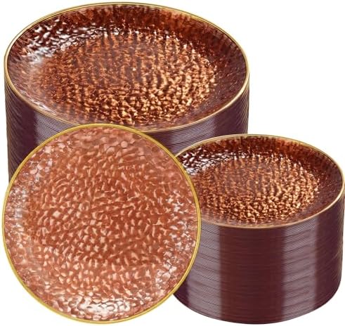 Rubtlamp 100Pcs Amber Gold Plastic Plates, Disposable Plates With Gold Rim, Heavy-duty Party Platos, Hammered Plastic Plates Include 50 Clear Dessert Plates, 50 Dinner Plates for Party